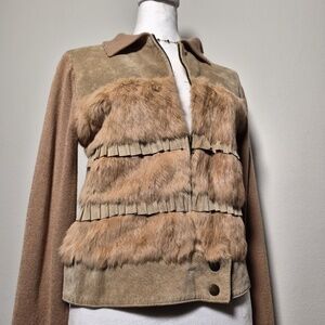 Bebe Vintage Leather Suede & Fur Y2K Collared Knit Bomber Downtown Fall Jacket L